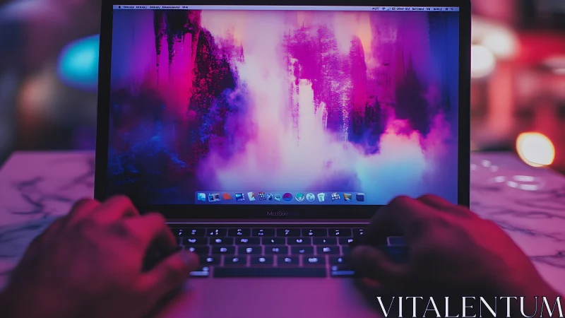 Backlit MacBook Pro with neon abstract wallpaper and typing hands
