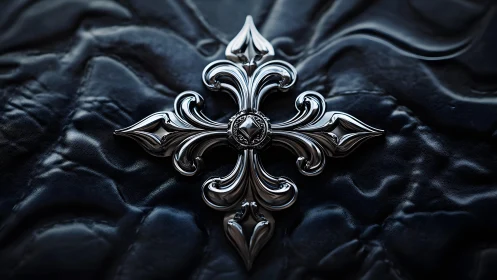 Ornate silver fleur-de-lis cross on dark textured leather background.