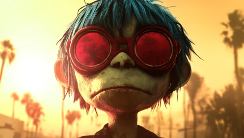 Sunlit blue-haired misfit in oversized red goggles portrait.