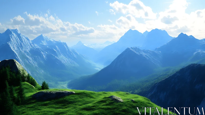 Snowy mountain range overlooks sunlit grassy valley