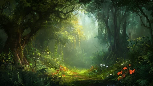 Enchanted forest with sun rays penetrating dense canopy.