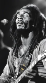 Soulful dreadlocked guitarist in monochrome stage portrait.