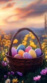 Wicker basket of speckled Easter eggs in sunset meadow lighting