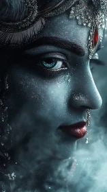 Icy blue goddess portrait with jeweled headdress and misted profile