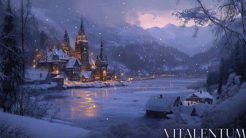 Snowy riverside village glowing with cozy winter magic.