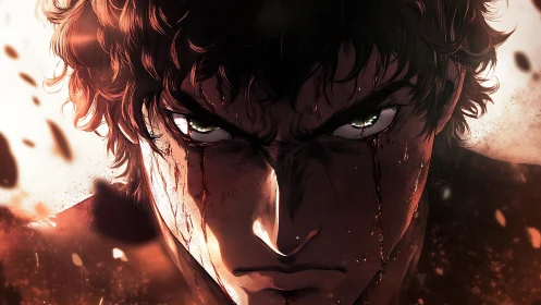 Bloodlit gaze of the unbroken warrior at duskfall.