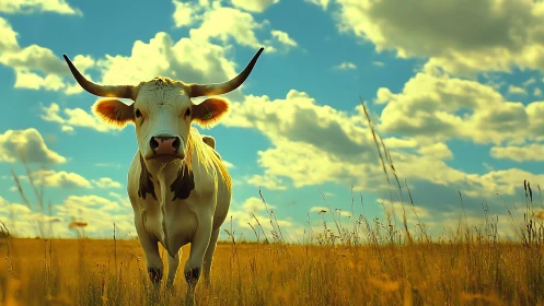 Gentle longhorn cow standing peacefully in golden meadow.