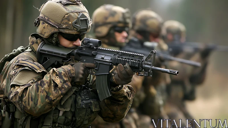 Soldiers in tactical formation aim rifles with shallow depth