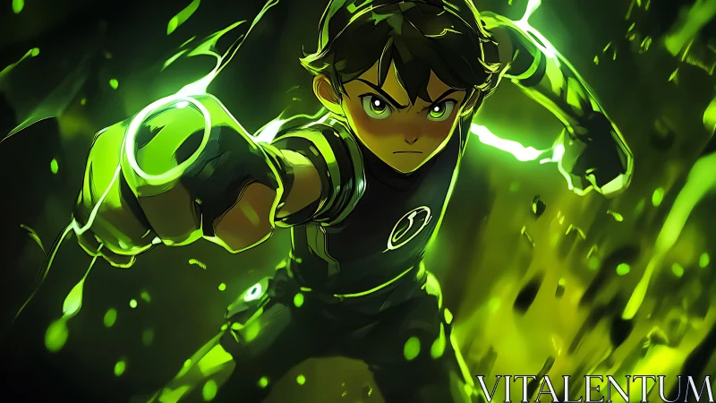 Green-lit young hero punches forward through neon chaos