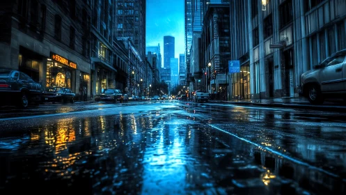 Rain-soaked city street at dusk with neon and reflections.
