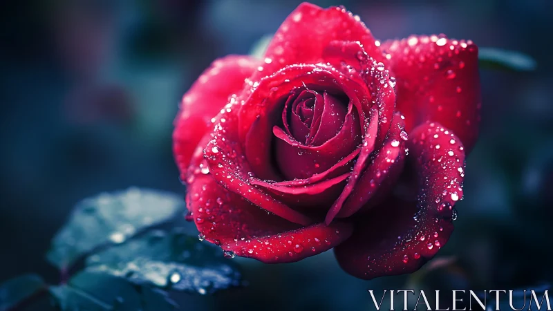 Crimson rose macro with dewdrops in cool cinematic bokeh.