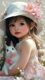 Hyper-detailed floral portrait of child and rabbit companion.
