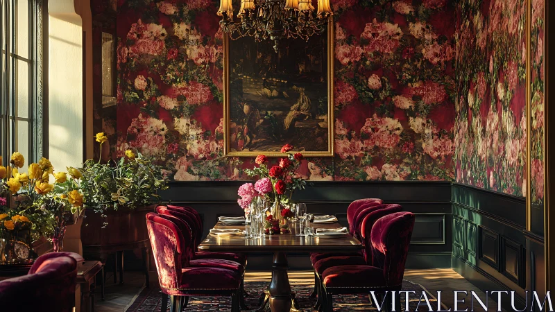 Baroque Dining Room with Crimson Floral Wallpaper.