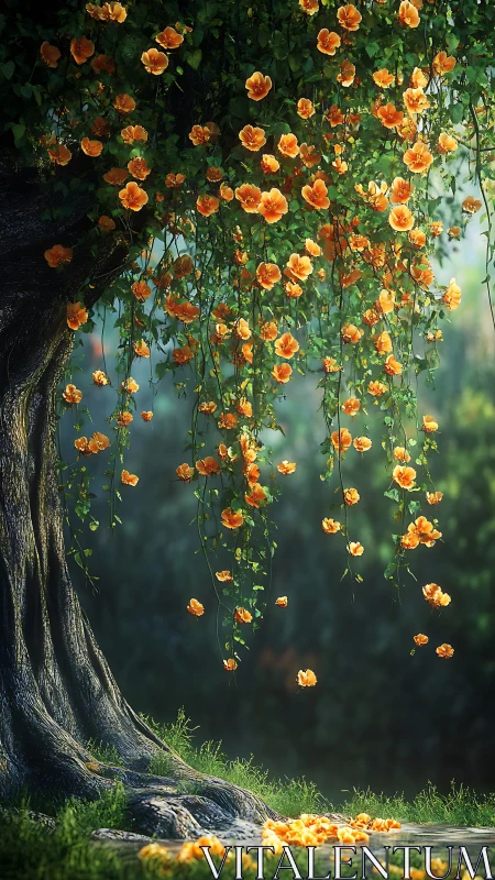 Ancient Tree with Cascading Orange Flowers.