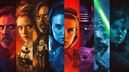 Vertically segmented sci‑fi portraits use high‑contrast bicolor lighting