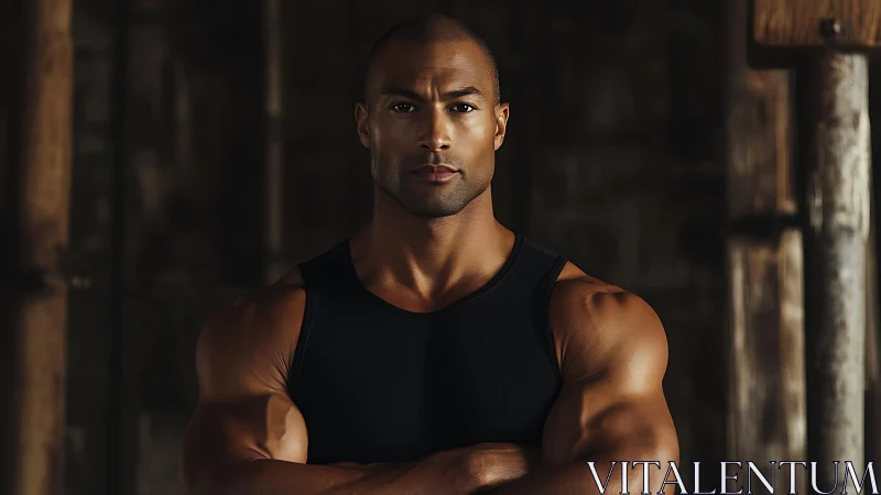 Muscular man in black tank top stands in moody gym environment.