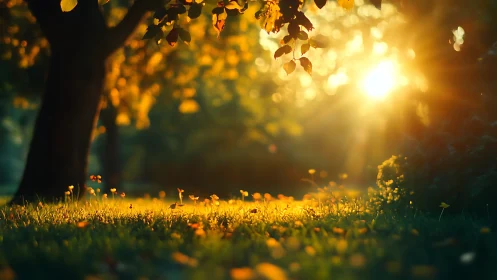 Backlit foliage and meadow in low-angle golden hour illumination.