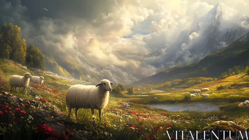 Sheep grazing in a flowered valley beneath clouded peaks.