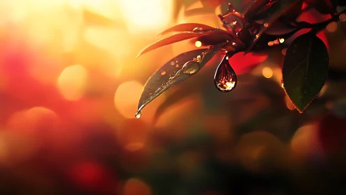 Sunlit dew drop resting on autumn-touched leaves at dusk.