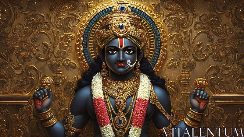 Divine blue deity stands amid ornate golden reliefs.