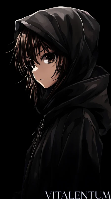Quiet hooded anime girl stands in soft, moody shadows