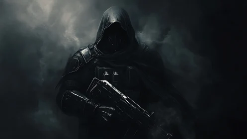 Shadow-clad space warden stalks the storming void.