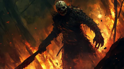 Ash-slick reaper strides through a burning forest inferno