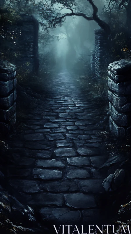 Moonlit cobblestone gateway into the whispered woods.
