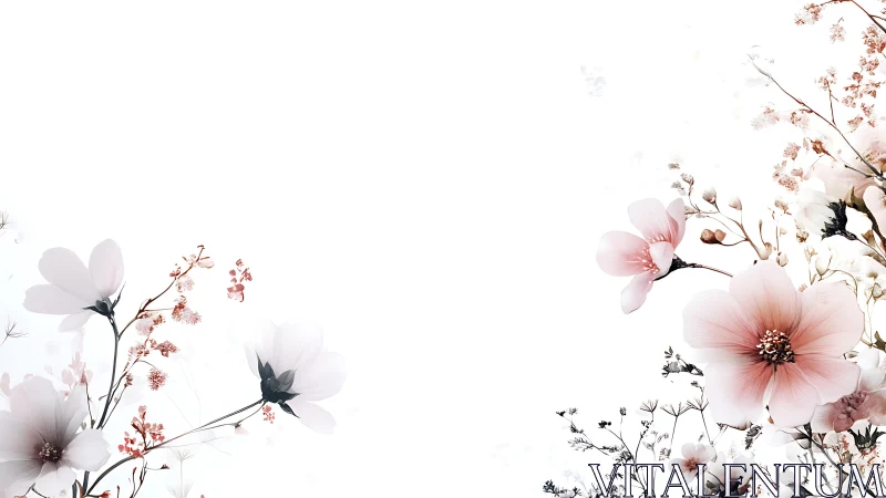 Floral illustration arranges pale blossoms on white field