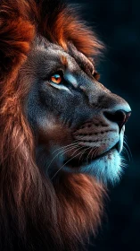 Majestic lion portrait glowing with fiery, thoughtful gaze.