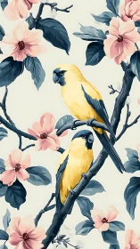 Yellow parrots amid pastel blossoms on stylized branches.