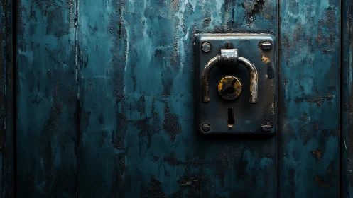 Corroded steel door lockplate reveals textured industrial decay