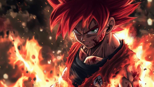 Battle-scarred anime warrior rendered in dynamic fiery lighting