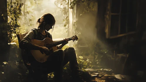 Backlit guitarist in overgrown interior with volumetric light