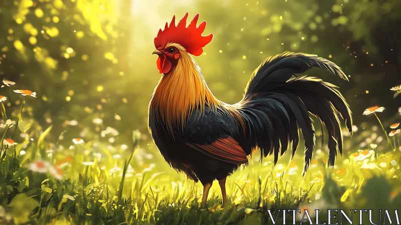 Golden Hour Rooster: Digital Pastoral with Luminous Bokeh.