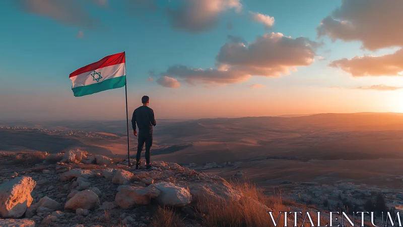 Person stands on rocky hilltop beside tricolour flag at sunset
