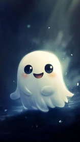 Luminous chibi ghost character under volumetric moonbeams.
