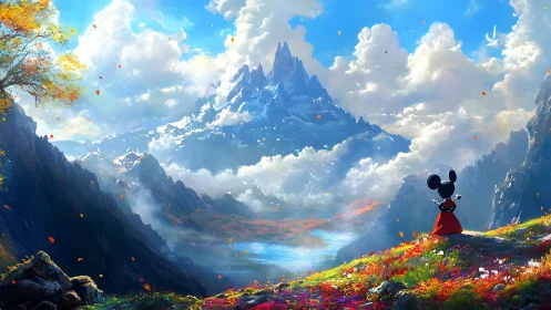 Cartoon mouse observes vast mountain valley landscape