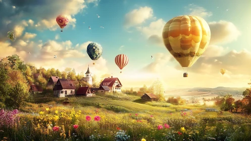 Sunlit village meadow watches hot air balloons drifting by.