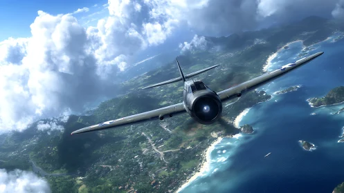 Single propeller warplane banks over tropical archipelago coastline