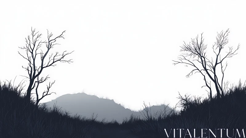 Quiet winter hills with bare trees framing a pale horizon.