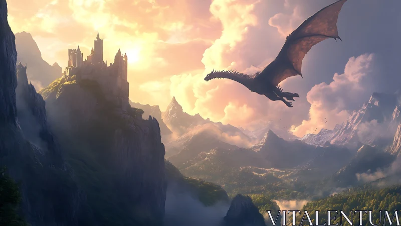 Dragon flying over misty mountains and cliffside castle.