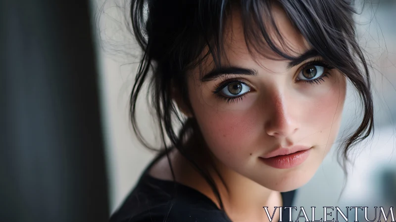 Soft window light portrait with shallow depth of field focus.