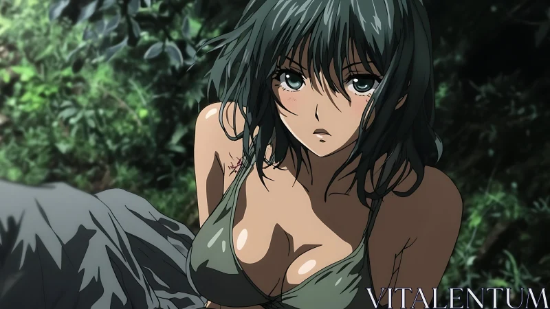 Injured jungle survivor in high-contrast anime rendering.