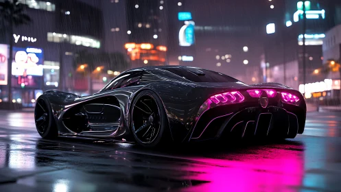Carbon-fiber hypercar in neon-lit wet city street at night