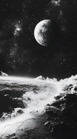 Monochrome planetary horizon shows cratered moon in space