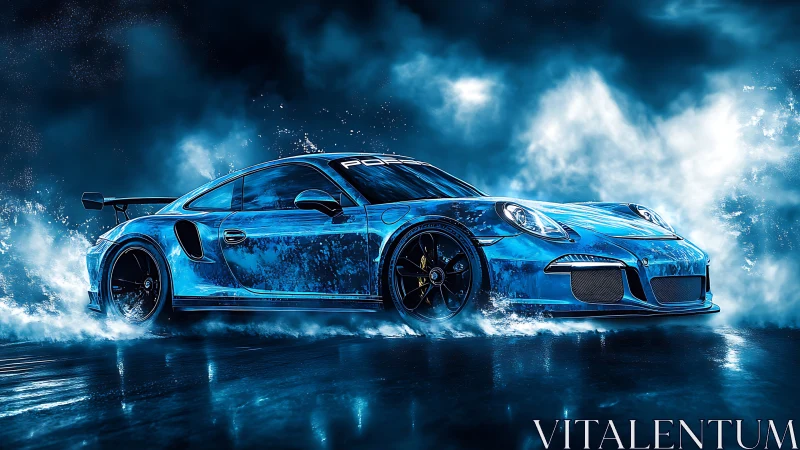Blue sports car drifts through neon mist on wet asphalt