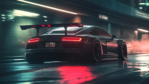 Rear street view of modified sports car in wet night scene.