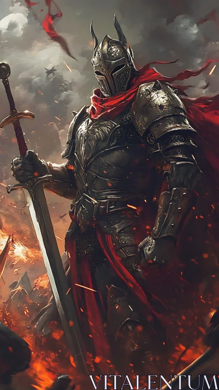 Armored warrior holding sword amid burning battlefield.