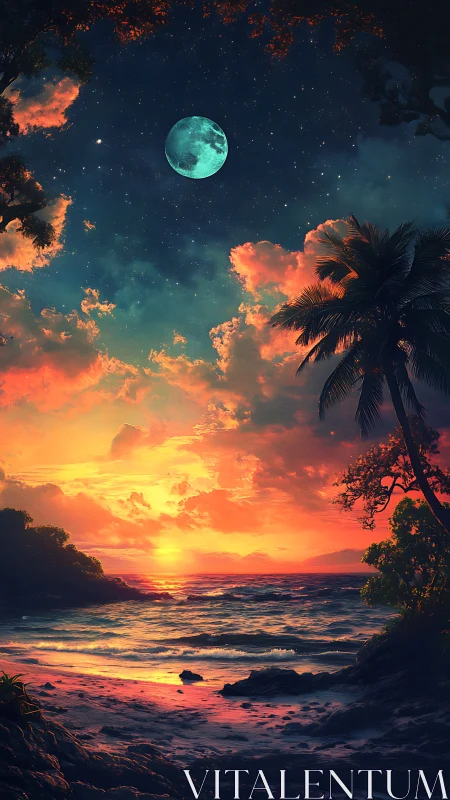 Surreal tropical shoreline glows under luminous teal moon